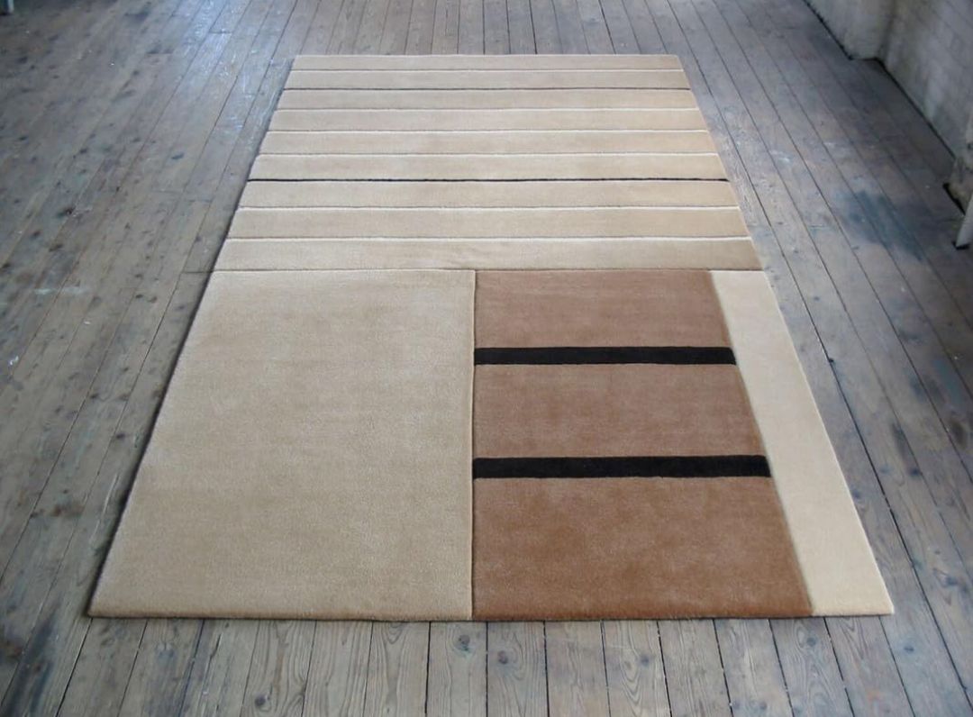 Modern Minimalist Handmade Wool Rug | Beige Brown Geometric Area Carpet for Living Room