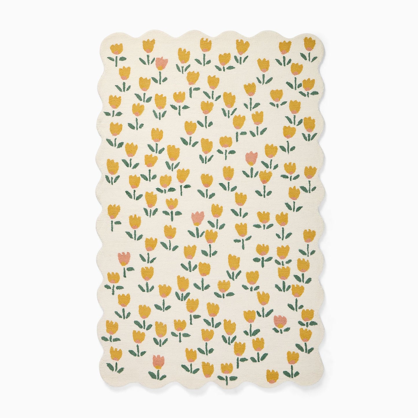 Hand-Tufted Floral Tulip Rug with Scalloped Edges – Yellow & Pink Flowers, Soft Wool Carpet for Living Room, Bedroom & Nursery Decor