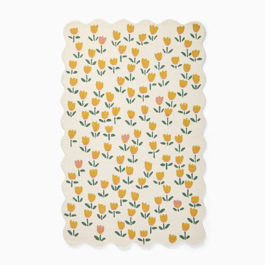 Hand-Tufted Floral Tulip Rug with Scalloped Edges – Yellow & Pink Flowers, Soft Wool Carpet for Living Room, Bedroom & Nursery Decor