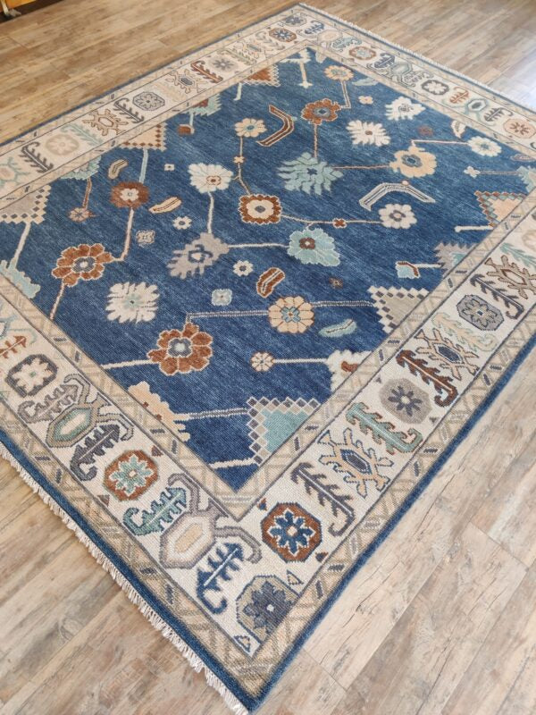Blue Handknotted Oushak Rug – Traditional Turkish Wool Area Carpet with Floral & Geometric Motifs, Oriental Bohemian Living Room Decor