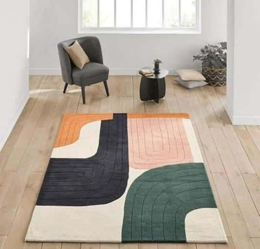 Modern Abstract Geometric Area Rug – Mid Century Color Block Design in Black, Green, Orange & Beige – Soft Hand-Tufted Carpet for Living Room & Bedroom Decor