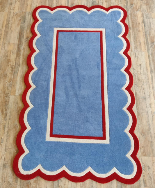Handmade Blue Scalloped Edge Rug with Red Border | Modern Geometric Wool Carpet for Living Room, Bedroom & Kids Room