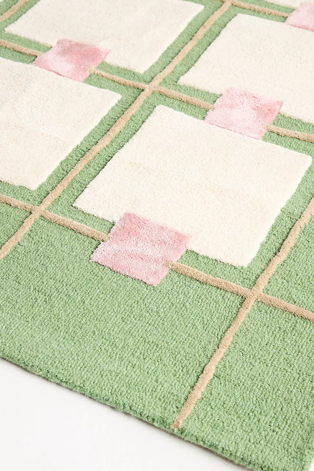Hand-Tufted Geometric Green & Pink Grid Rug – Modern Wool Carpet for Living Room, Bedroom & Office Decor