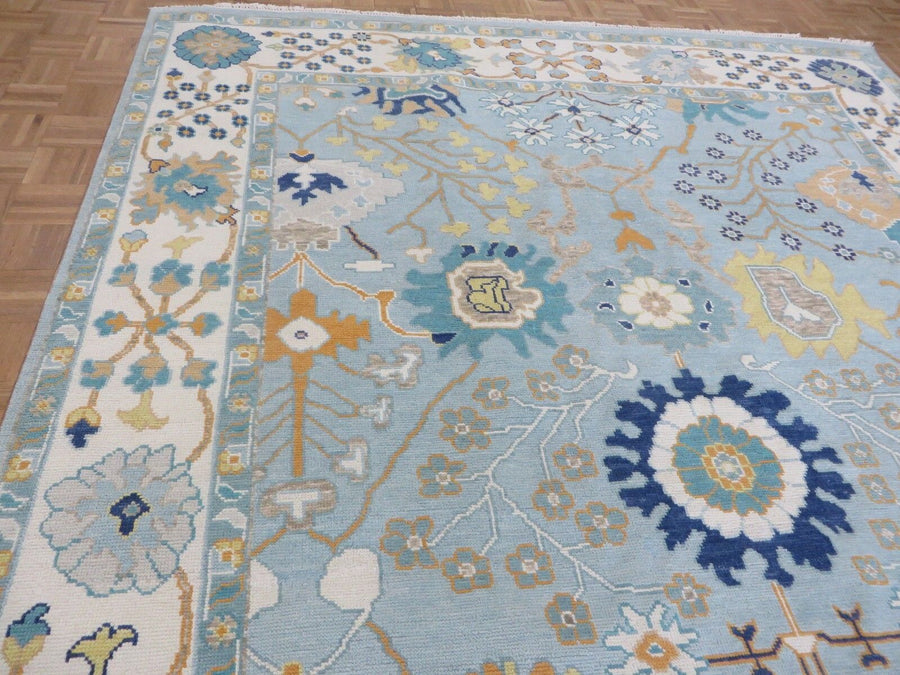 Luxury Hand-Knotted Oushak Rug – Sky Blue Turkish Wool Carpet with Floral Motifs
