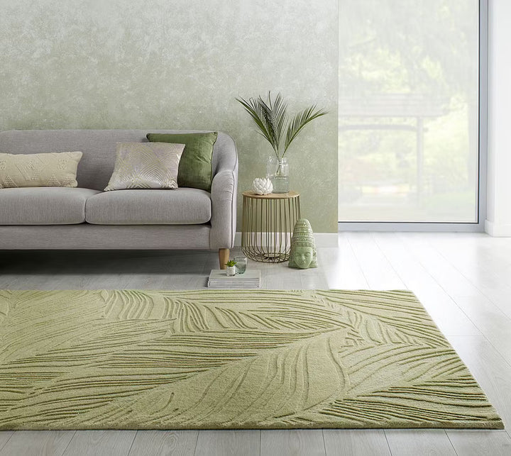 Hand Tufted Tropical Leaf Rug – Ivory Beige Wool Area Rug, Modern Botanical Textured Carpet, Handmade Luxury Living Room Rug, Minimalist Contemporary Home Decor