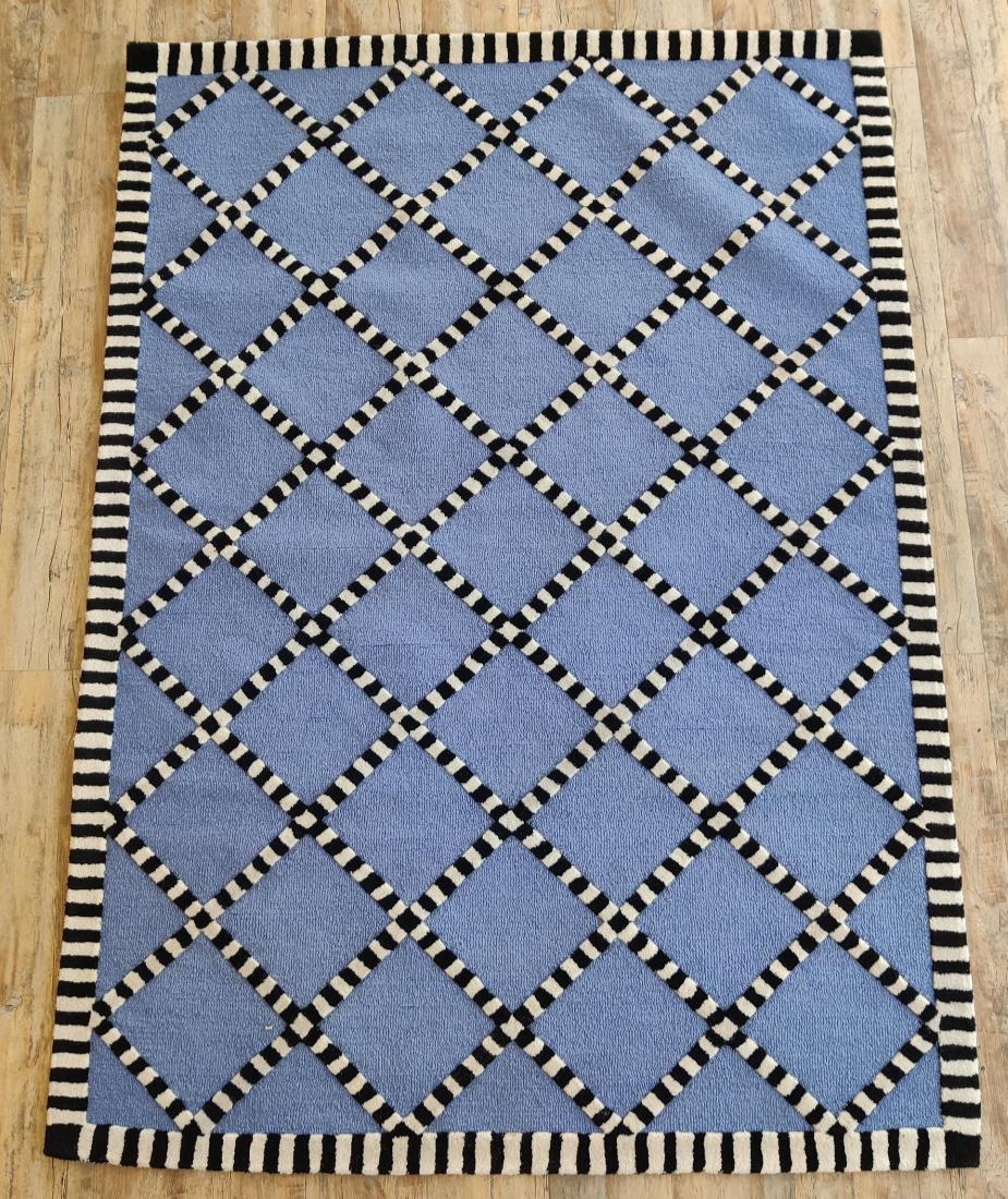 Handmade Blue Geometric Rug – Modern Tufted Diamond Pattern Carpet with Black & White Striped Border, Contemporary Area Rug for Home Decor