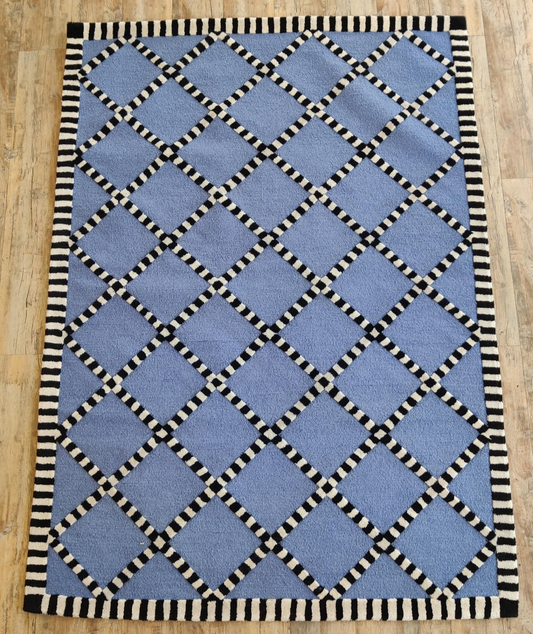 Handmade Blue Geometric Rug – Modern Tufted Diamond Pattern Carpet with Black & White Striped Border, Contemporary Area Rug for Home Decor
