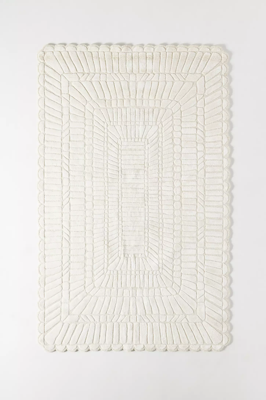 Textured Ivory Hand-Tufted Rug | Modern Geometric Scalloped Border Carpet | Luxury Neutral Area Rug for Living Room & Bedroom Decor