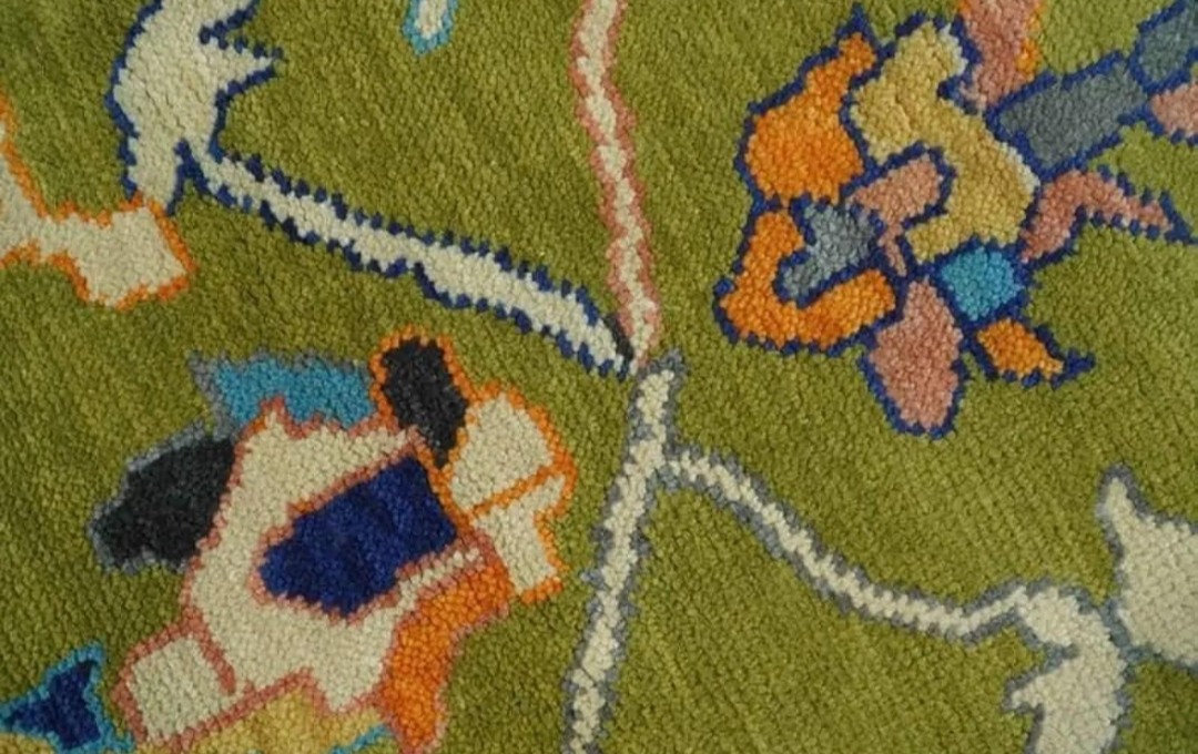 Hand-Knotted Oushak Rug – Olive Green Wool Area Rug with Colorful Tribal Motifs, Turkish Oriental Design