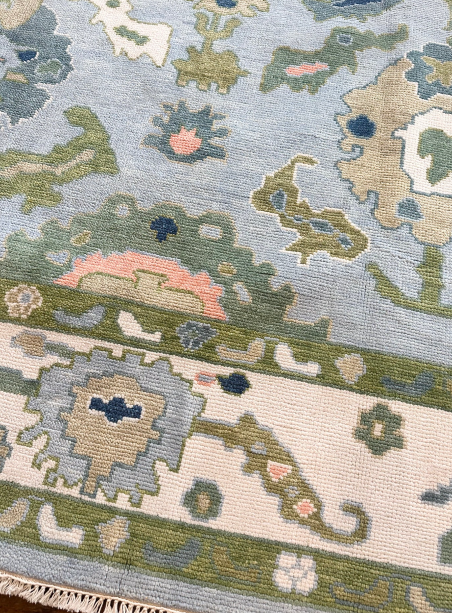 Hand Knotted Oushak Rug – Soft Pastel Blue & Green Turkish Style Area Carpet | Traditional Wool Oriental Rug