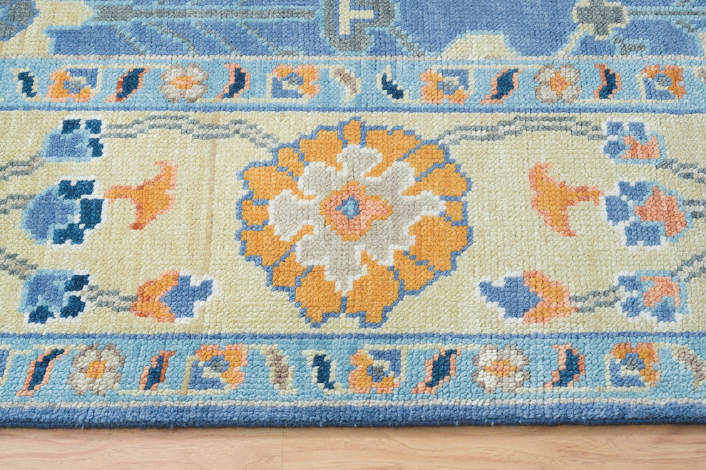 Hand-Knotted Blue Oushak Rug – Authentic Turkish Wool Carpet | Luxury Oriental Area Rug with Gold Accents