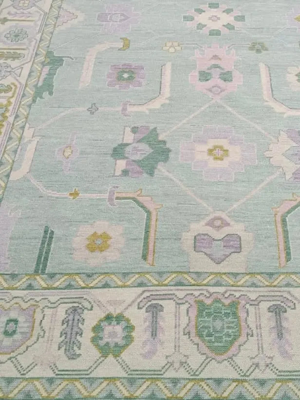 Hand Knotted Oushak Rug – Aqua Blue Pastel Turkish Wool Vintage Area Carpet