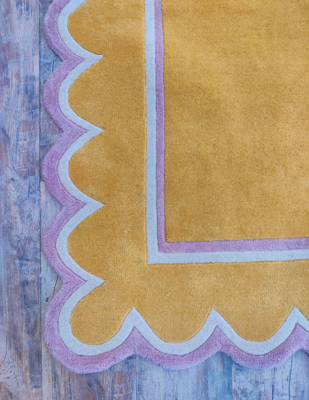 Mustard Yellow Rug with Purple Border | Handmade Wool Carpet for Modern Living Room, Bedroom & Home Décor