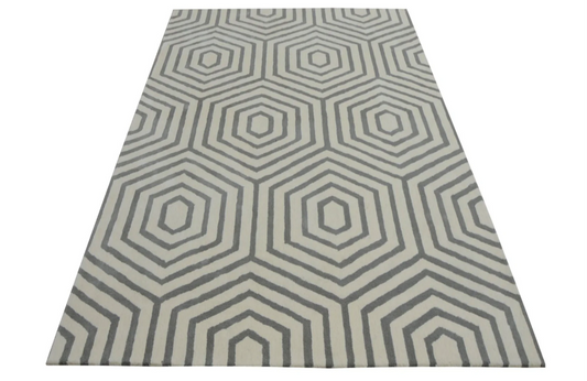 Modern Geometric Hexagon Area Rug – Hand-Tufted Wool Grey & Ivory Contemporary Carpet for Living Room, Bedroom, Office & Home Decor
