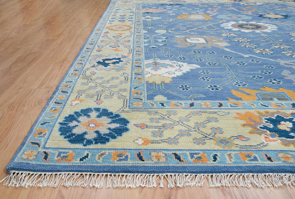 Hand-Knotted Blue Oushak Rug – Authentic Turkish Wool Carpet | Luxury Oriental Area Rug with Gold Accents