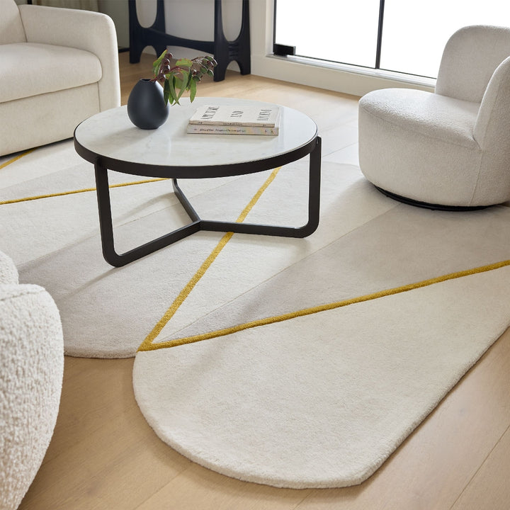 Modern Geometric Hand-Tufted Rug | Ivory & Beige Carpet with Yellow Line Accents | Contemporary Living Room & Bedroom Decor