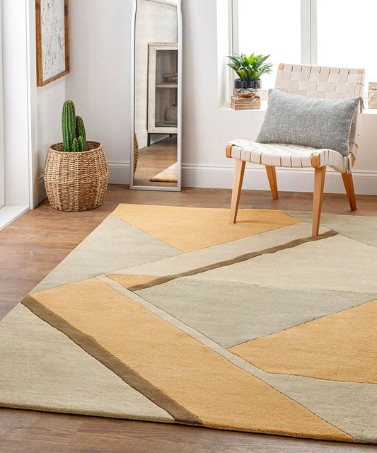 Modern Geometric Area Rug – Yellow, Beige & Brown Abstract Carpet for Living Room, Bedroom & Office Decor