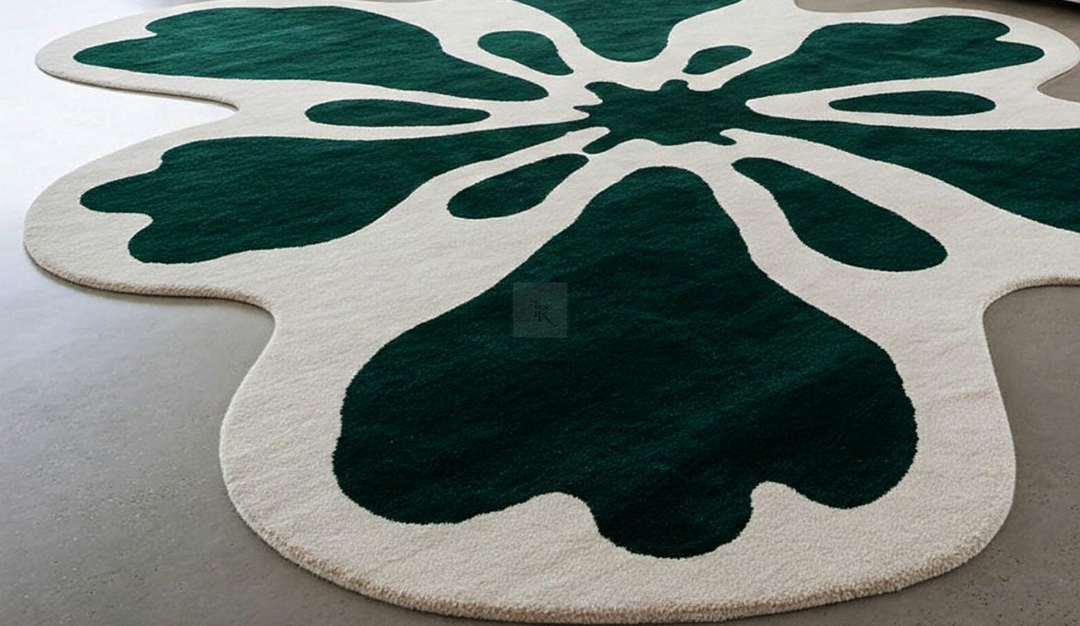 Irregular Abstract Flower Shaped Area Rug – Modern Green and White Carpet for Living Room Decor – Unique Statement Floor Mat