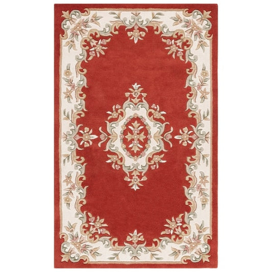 Classic Red Floral Wool Area Rug – Vintage Aubusson Style, Hand-Tufted, Elegant Carpet for Living Room & Bedroom Décor