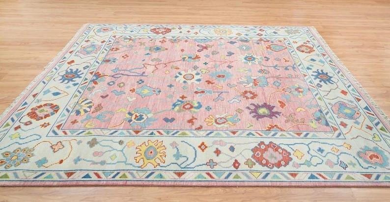 Hand Knotted Pink Oushak Rug – Modern Turkish Wool Area Rug | Soft Pastel Oriental Carpet, Boho Chic Living Room & Bedroom Decor