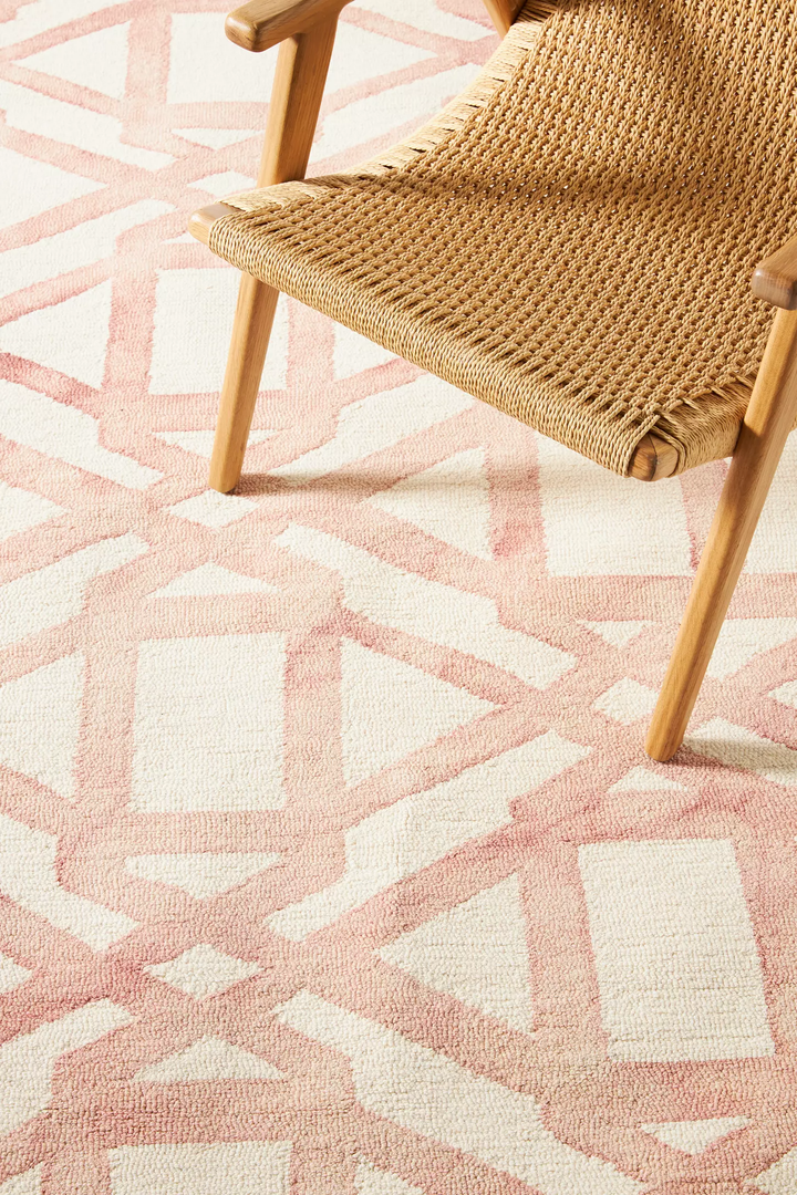 Blush Pink Geometric Hand Tufted Wool Area Rug – Modern Abstract Ivory Carpet for Living Room, Bedroom, Nursery – Handmade Contemporary Luxury Floor Rug – Custom Sizes Available