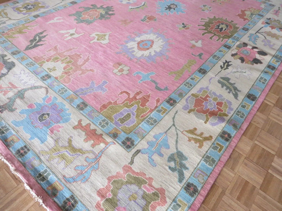 Blush Pink Hand Knotted Oushak Rug – Vintage Turkish Style Floral Medallion Carpet, Soft Pastel Large Area Rug for Living Room & Bedroom