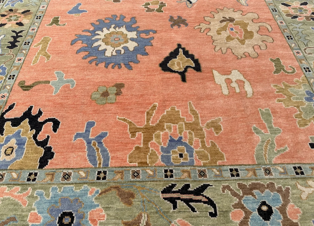 Hand Knotted Oushak Rug – Terracotta Turkish Wool Area Rug with Floral Motifs