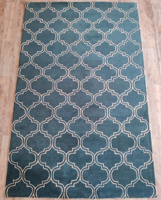 Handmade Moroccan Trellis Wool Rug | Modern Blue & Ivory Geometric Area Carpet | Stylish Living Room, Bedroom & Office Floor Decor