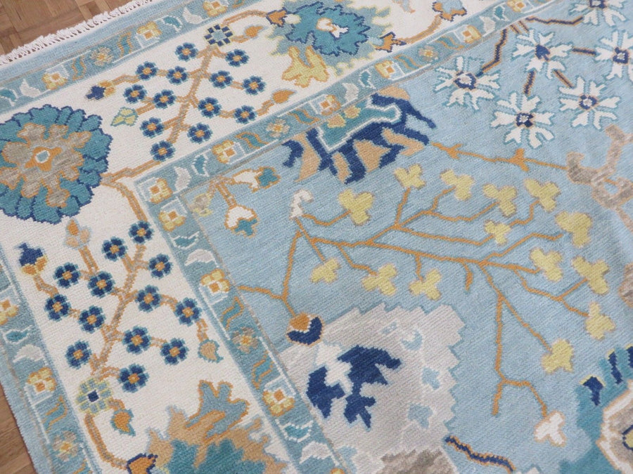 Luxury Hand-Knotted Oushak Rug – Sky Blue Turkish Wool Carpet with Floral Motifs