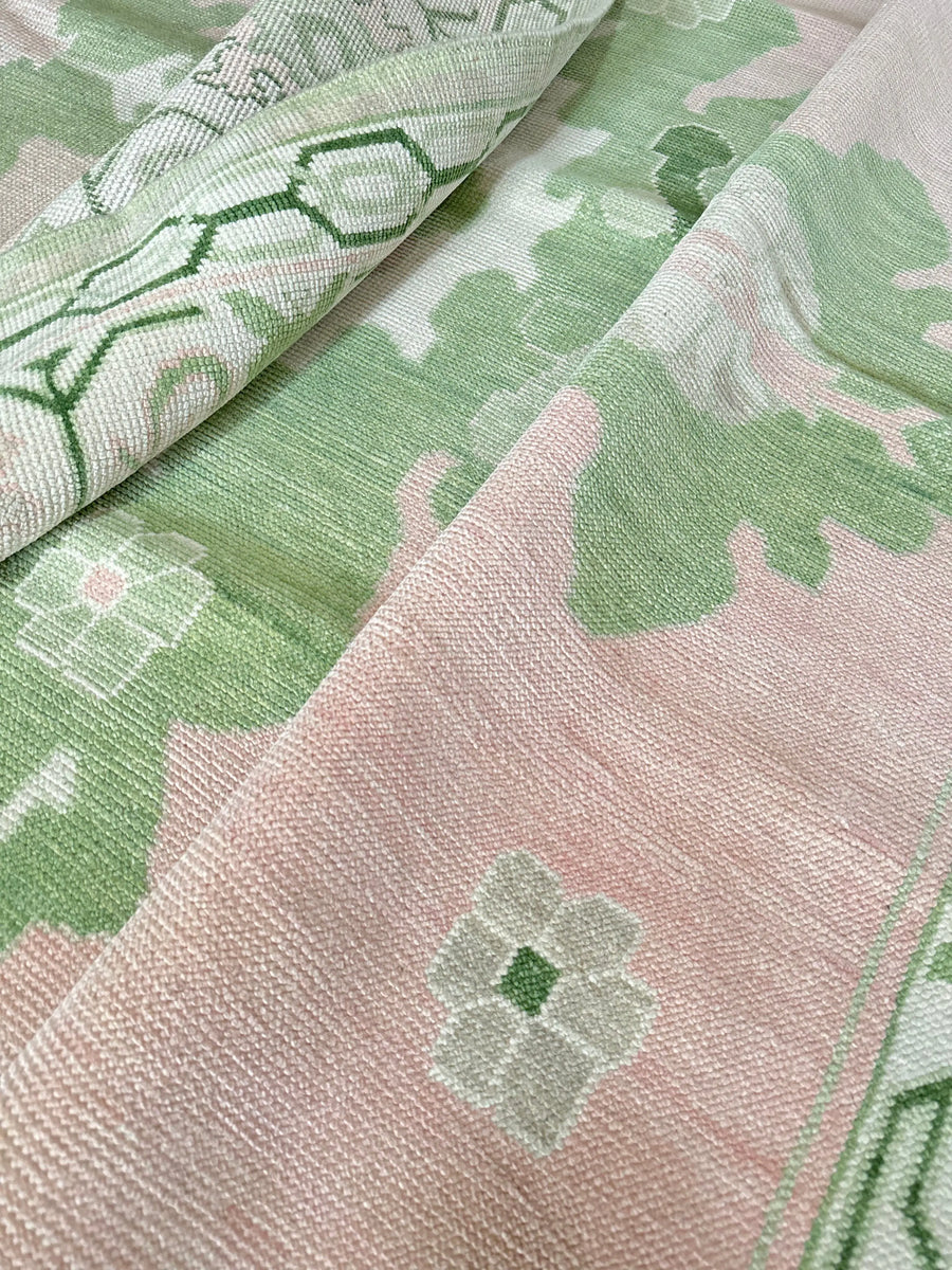 Handknotted Oushak Rug – Soft Pink & Green Turkish Wool Carpet | Vintage Pastel Area Rug for Living Room