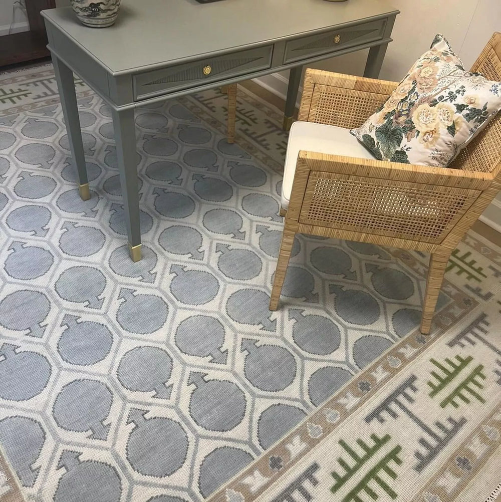 Handknotted Oushak Rug | Soft Blue & Neutral Geometric Turkish Design | Modern Farmhouse & Boho Area Carpet | Durable Wool Living Room Rug