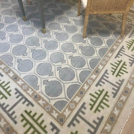 Handknotted Oushak Rug | Soft Blue & Neutral Geometric Turkish Design | Modern Farmhouse & Boho Area Carpet | Durable Wool Living Room Rug