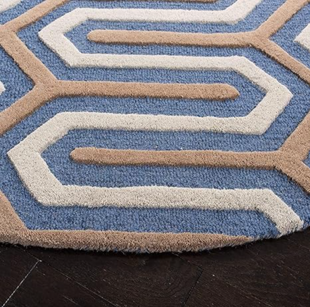 Modern Round Geometric Carpet – Blue, Beige & White Patterned Rug for Living Room & Bedroom – Soft Designer Floor Mat