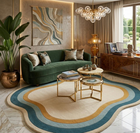 Abstract Wave Hand Tufted Rug, Irregular Modern Area Rug, Cream Blue Gold Sculpted Wool Carpet, Luxury Living Room Rug, Contemporary Organic Shape Rug