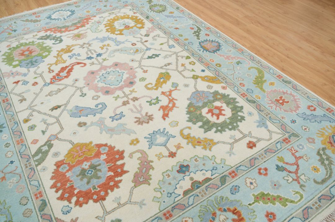 Light Blue Handknotted Oushak Rug – Soft Pastel Turkish Wool Carpet | Traditional Floral Design Area Rug for Living Room & Bedroom Decor