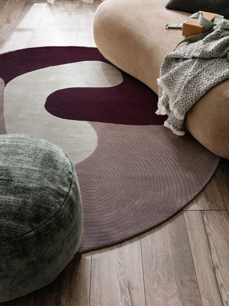 Modern Abstract Round Wool Rug – Hand-Tufted Burgundy, Beige & Pink Carpet for Living Room & Bedroom Decor