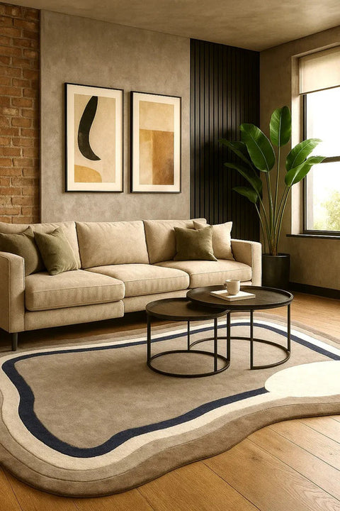 Abstract Irregular Hand Tufted Rug, Modern Organic Shape Area Rug, Neutral Beige Wave Border Carpet, Contemporary Minimalist Living Room Rug, Luxury Custom Tufted Rug for Bedroom & Home Decor