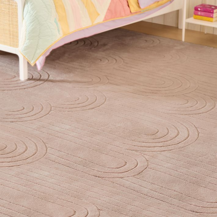 Modern Art Deco Hand-Tufted Rug | Blush Pink Geometric Rainbow Pattern Carpet | Minimalist Textured Area Rug for Living Room & Bedroom
