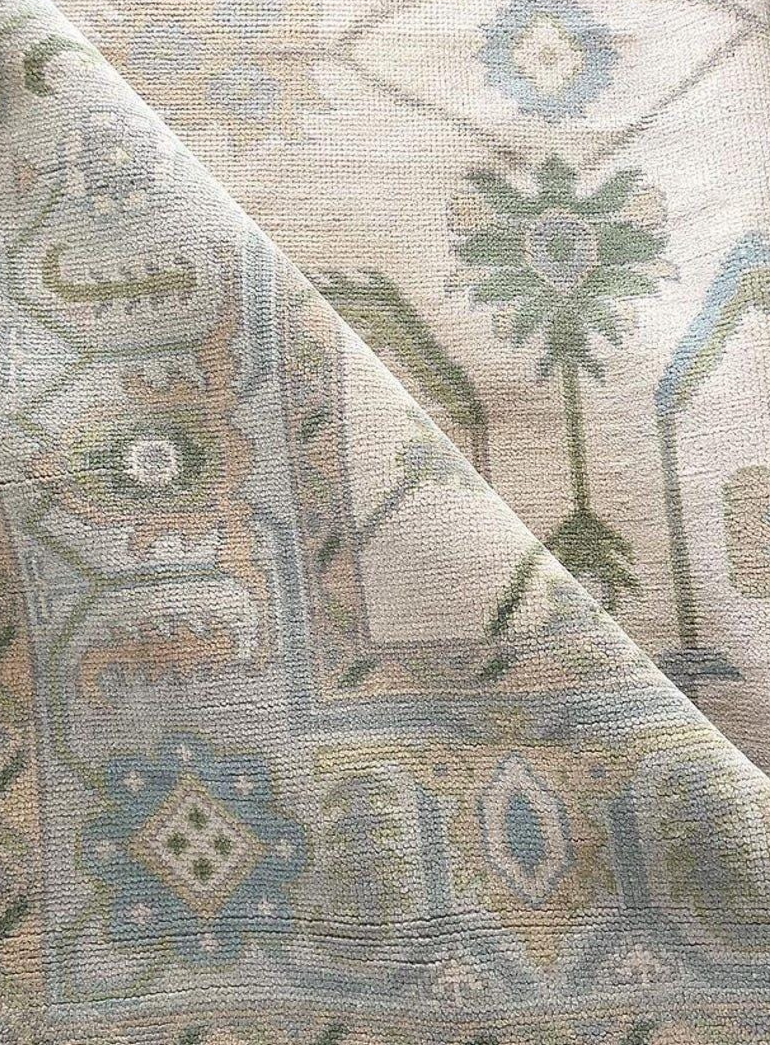 Handknotted Oushak Rug – Ivory Blue Green Turkish Area Rug, Traditional Handmade Wool Rug, Elegant Neutral Boho Home Decor