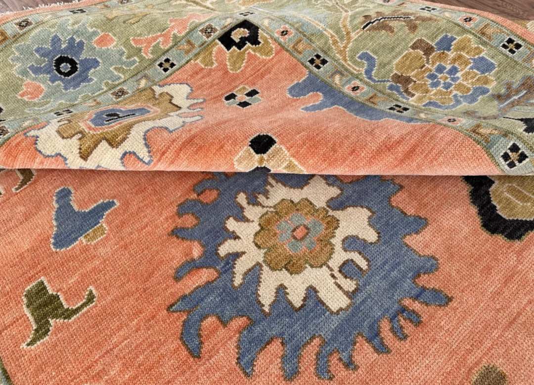 Hand Knotted Oushak Rug – Terracotta Turkish Wool Area Rug with Floral Motifs