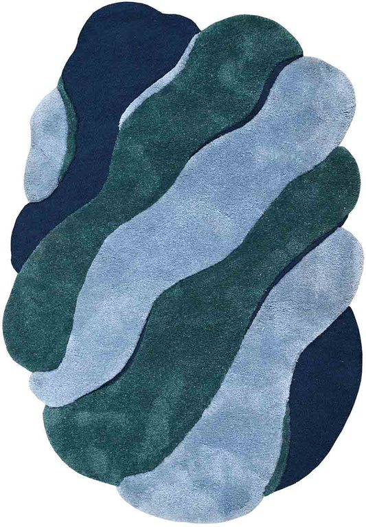 Modern Abstract Hand-Tufted Rug in Blue & Green | Contemporary Wavy Design Carpet for Living Room & Bedroom Decor