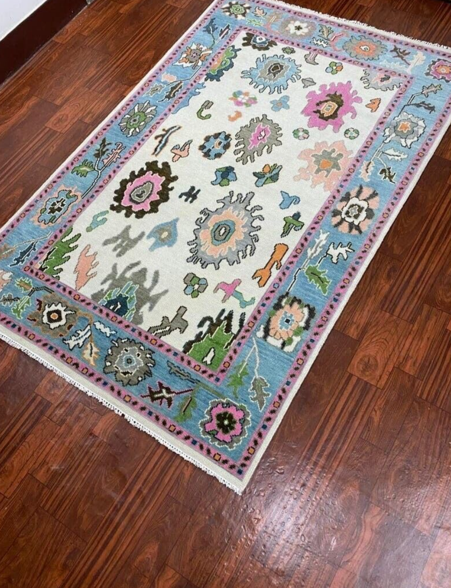 Hand Knotted Oushak Rug – Modern Turkish Wool Area Rug | Blue & Pink Oriental Carpet, Bohemian Floral Design for Living Room or Bedroom