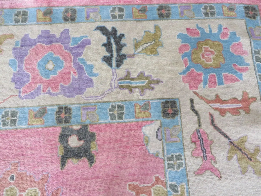 Blush Pink Hand Knotted Oushak Rug – Vintage Turkish Style Floral Medallion Carpet, Soft Pastel Large Area Rug for Living Room & Bedroom