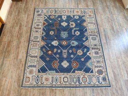 Blue Handknotted Oushak Rug – Traditional Turkish Wool Area Carpet with Floral & Geometric Motifs, Oriental Bohemian Living Room Decor