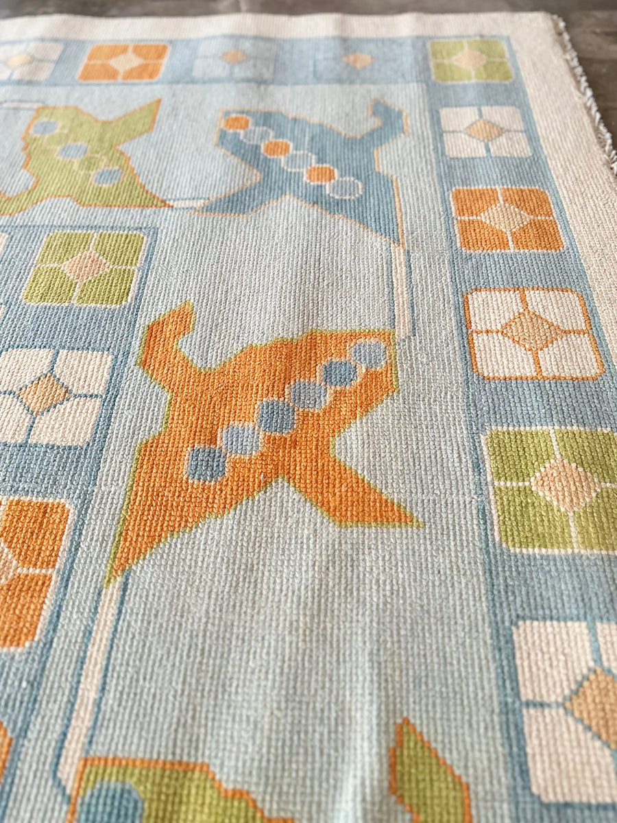 Hand Knotted Oushak Rug – Pastel Blue Turkish Wool Vintage Medallion Area Carpet