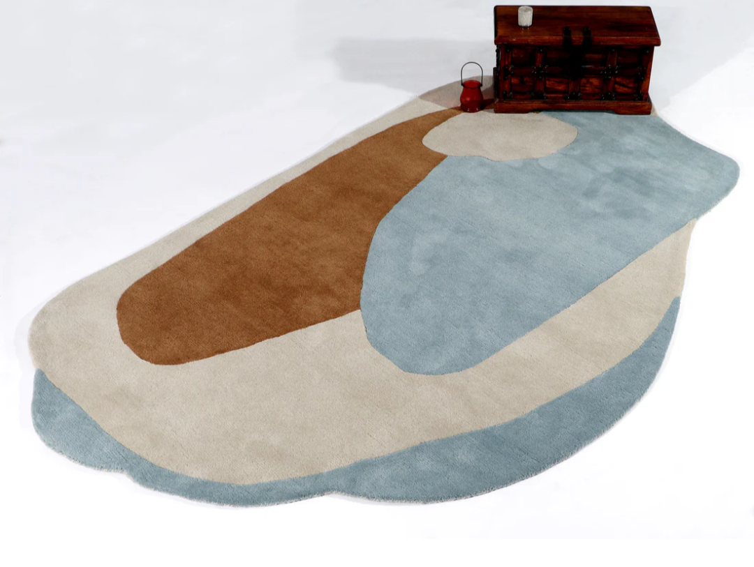 Modern Abstract Area Rug – Handmade Organic Shape Carpet in Blue, Beige & Brown for Living Room & Bedroom Decor