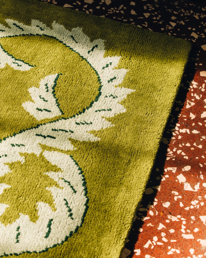 Olive Green Hand Tufted Rug with Botanical Leaf Border – Modern Luxury Area Rug, Handmade Wool Carpet for Living Room & Bedroom Decor