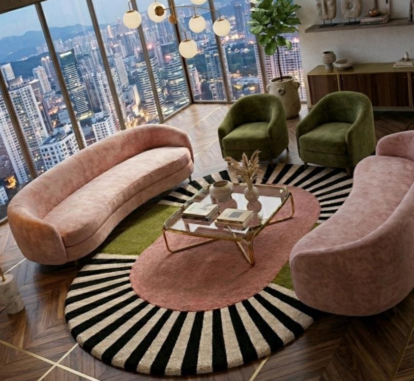 Hand Tufted Abstract Area Rug, Modern Geometric Pink Green Rug, Black White Sunburst Statement Carpet, Contemporary Living Room Decor