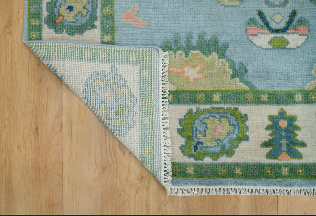Blue Green Handknotted Oushak Rug | Turkish Wool Oriental Carpet | Vintage Style Soft Pastel Area Rug for Living Room & Bedroom