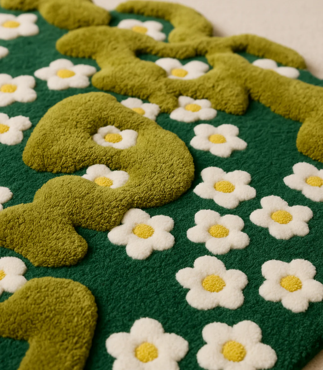 Round Green Floral Tufted Rug – 3D Daisy Bloom Design, Soft Plush Carpet for Living Room, Bedroom & Nursery Décor